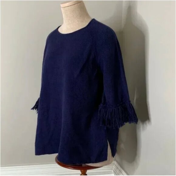 J. McLaughlin 100% Cotton 3/4 Fringed Sleeve Blue Knit Sweater Size Medium - Picture 4 of 7
